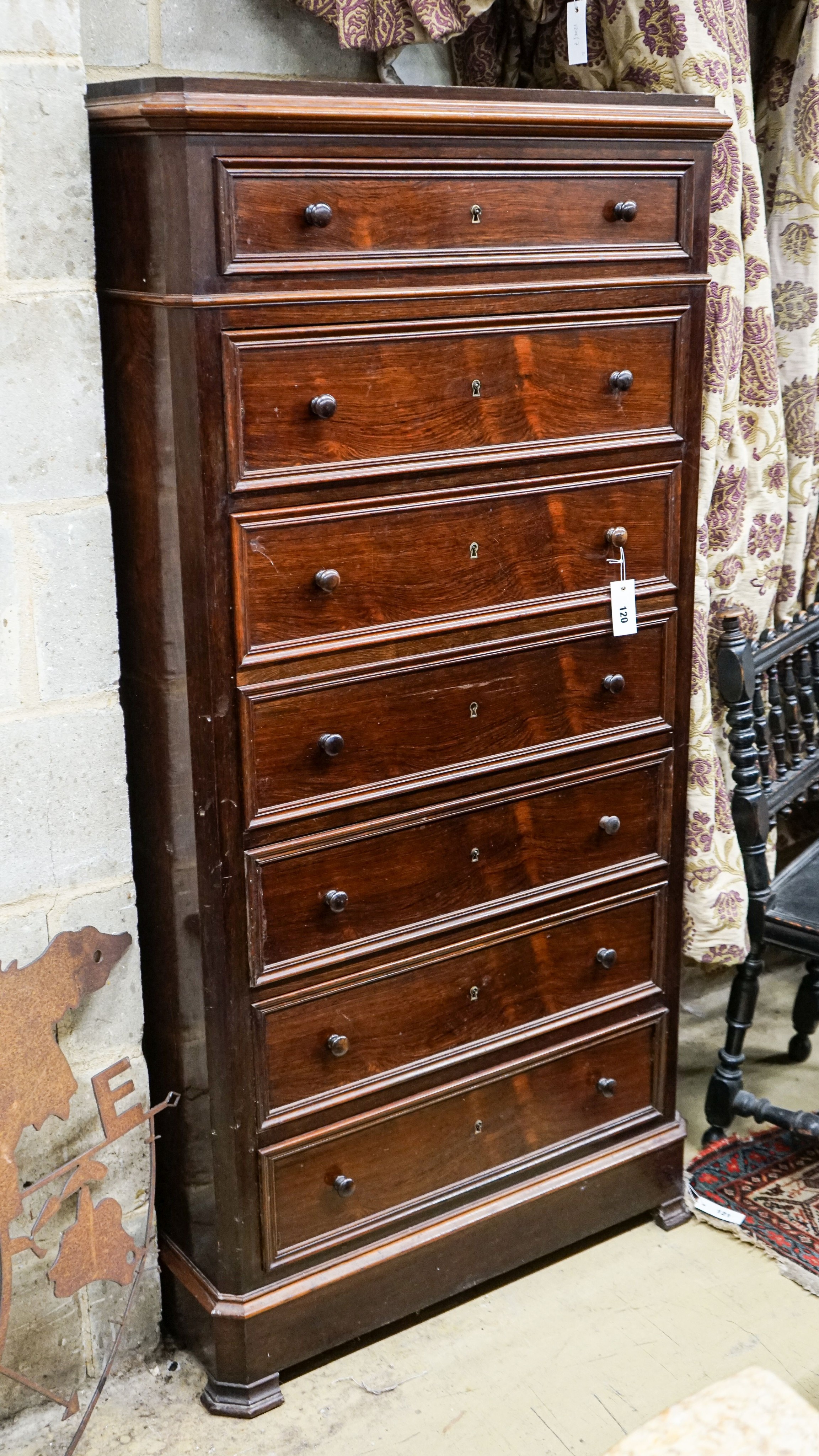 A 19th century French rosewood tall secretaire chest, width 80cm, depth 44cm, height 156cm